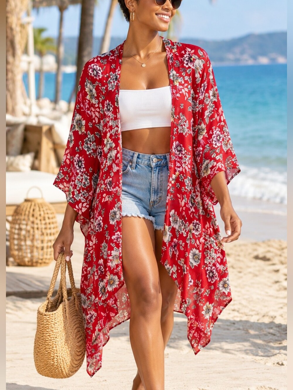 Patrons of Peace Red Floral Boho Kimono Duster Bell Sleeve Cover Up M
